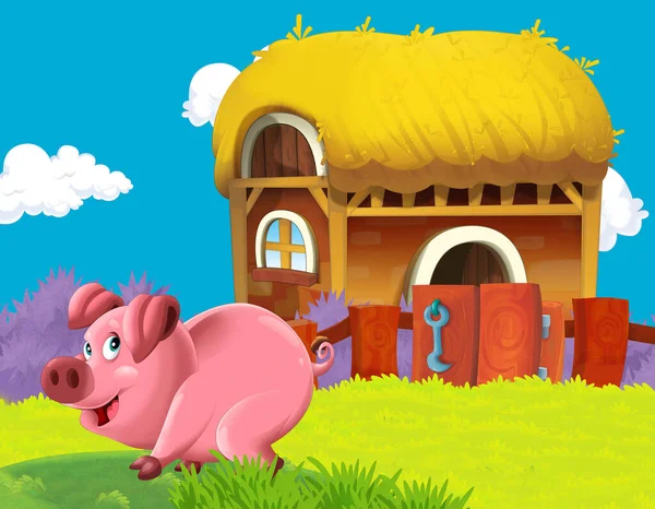 Cartoon Bauernhofszene Mit Schweineillustration Für Kinder — Stockfoto