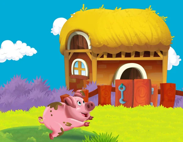 Cena Fazenda Desenhos Animados Com Ilustração Porco Para Crianças — Fotografia de Stock