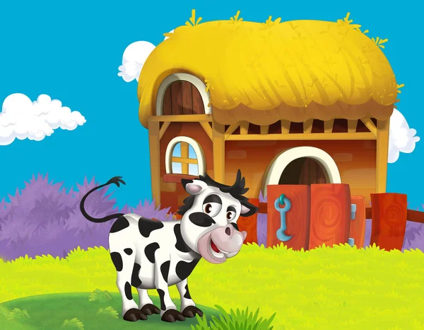 cartoon farm scene with cow calf illustration for children