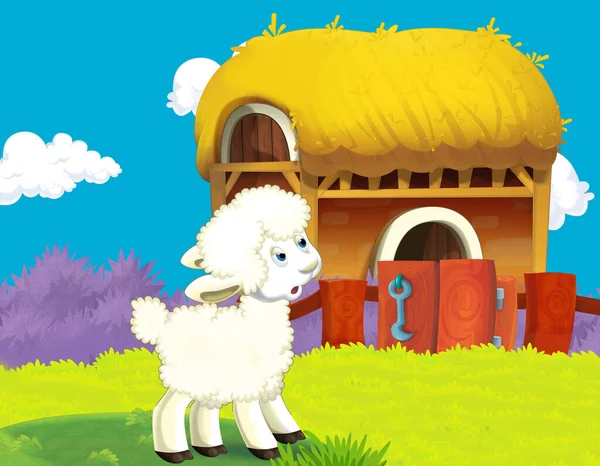 卡通片农场场景 为儿童提供羊图解 — 图库照片