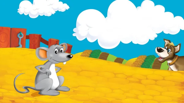 带有鼠标插图的卡通片农场儿童场景 — 图库照片