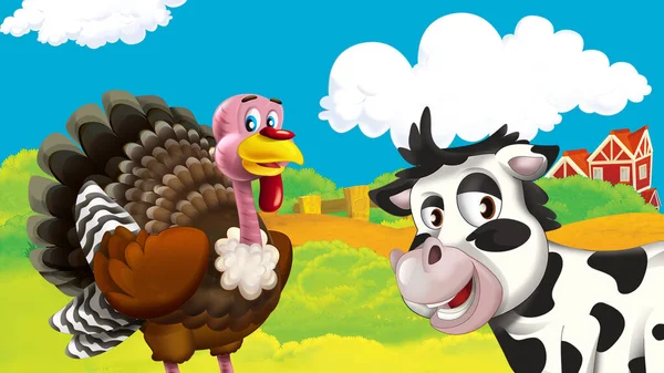 cartoon farm scene with turkey bird illustration for children