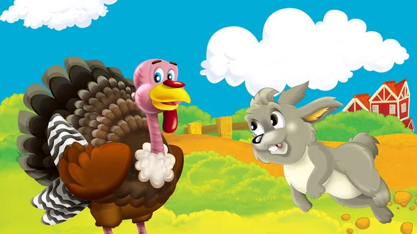 cartoon farm scene with turkey bird illustration for children