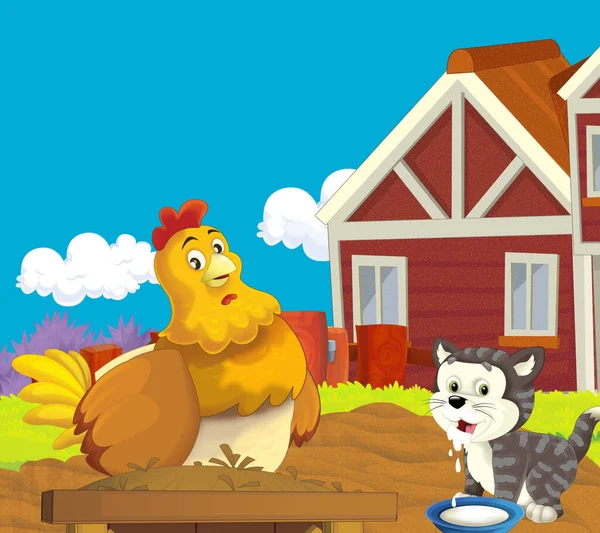 cartoon farm scene with hen chicken illustration for children