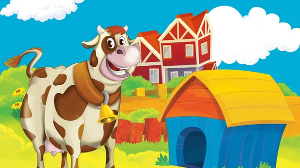 卡通片农场场景 为孩子们提供奶牛图解 — 图库照片