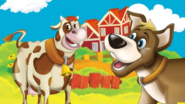 cartoon farm scene with cow illustration for children