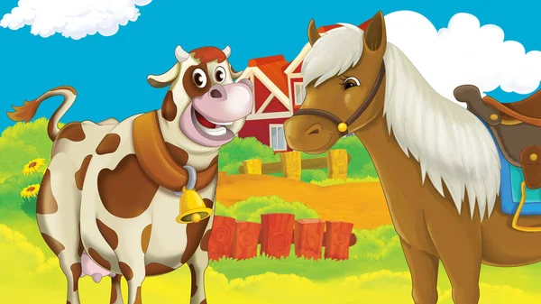 Escena Granja Dibujos Animados Con Ilustración Vaca Para Niños — Foto de Stock