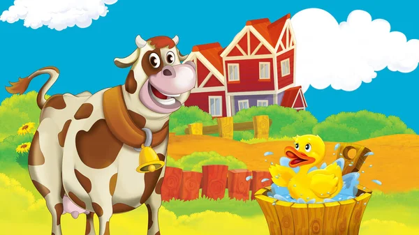 子供のための牛のイラストを持つ漫画農場のシーン — ストック写真