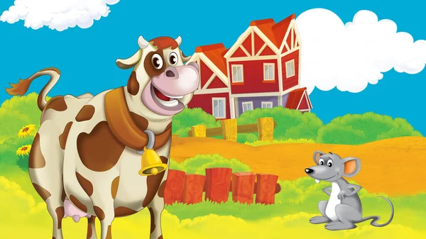 Scène Ferme Dessin Animé Avec Illustration Vache Pour Enfants — Photo