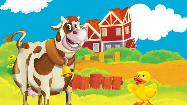 Καρτούν Αγρόκτημα Σκηνή Απεικόνιση Αγελάδας Για Παιδιά — Φωτογραφία Αρχείου