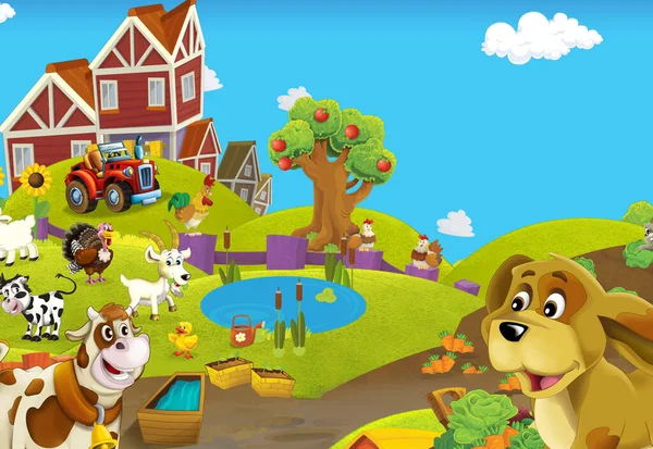带有不同动物的卡通农场场景 为孩子们提供图解 — 图库照片