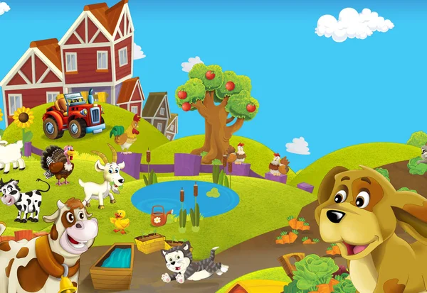 Cartoon Boerderij Scène Met Verschillende Dieren Illustratie Voor Kinderen — Stockfoto