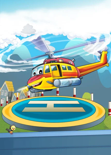 卡通片场景 直升机在城市里飞行 为孩子们提供图解 — 图库照片