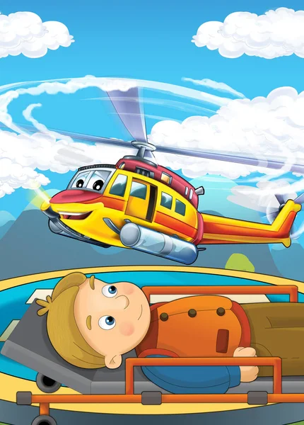 cartoon scene with helicopter flying in the city illustration for children