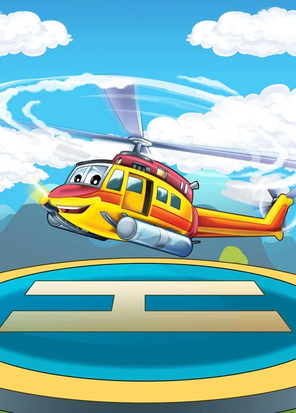 Cartoon Scene Helicopter Flying City Illustration Children — Stock Photo, Image