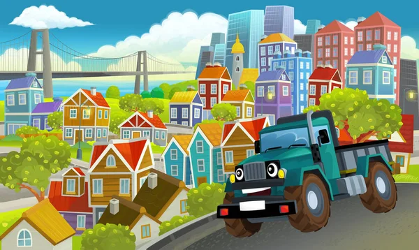 Camión Industrial Dibujos Animados Través Ciudad Ilustración Para Niños — Foto de Stock