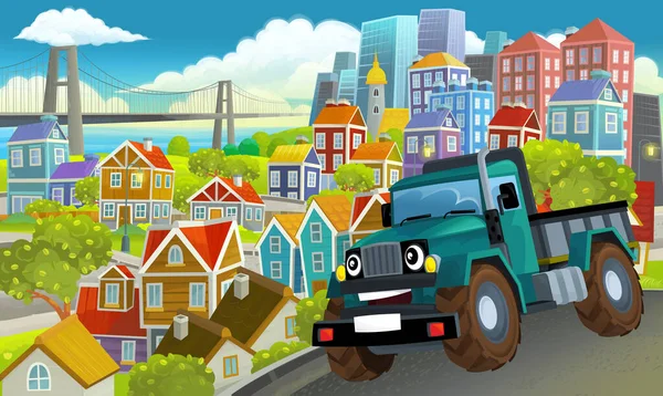 Cartoon Industriële Vrachtwagen Door Stad Illustratie Voor Kinderen — Stockfoto