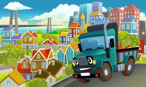 Cartoon Industrie Lkw Durch Die Stadt Illustration Für Kinder — Stockfoto
