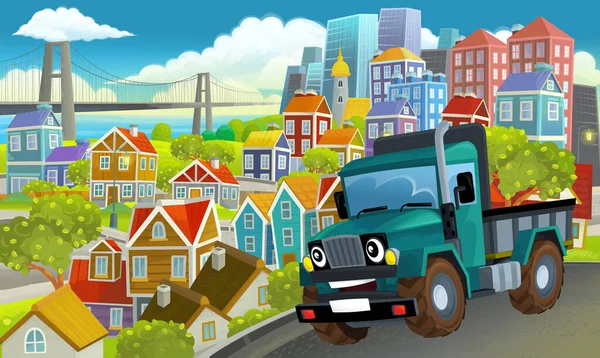 Cartoon Industrie Lkw Durch Die Stadt Illustration Für Kinder — Stockfoto