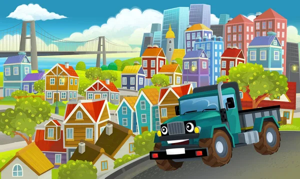 Tecknad Industriell Lastbil Genom Staden Illustration För Barn — Stockfoto