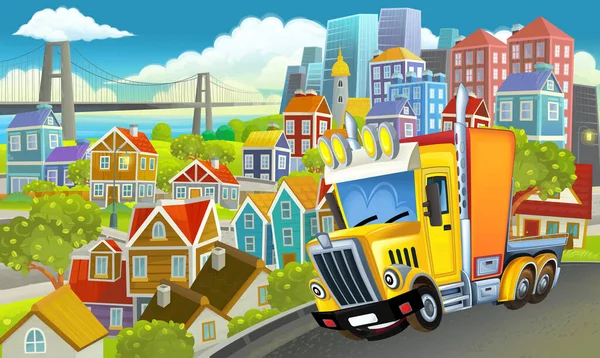 Camion Industriel Dessin Animé Travers Illustration Ville Pour Les Enfants — Photo