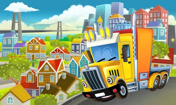 Karikatura Průmyslový Kamion Přes Město Ilustrace Pro Děti — Stock fotografie