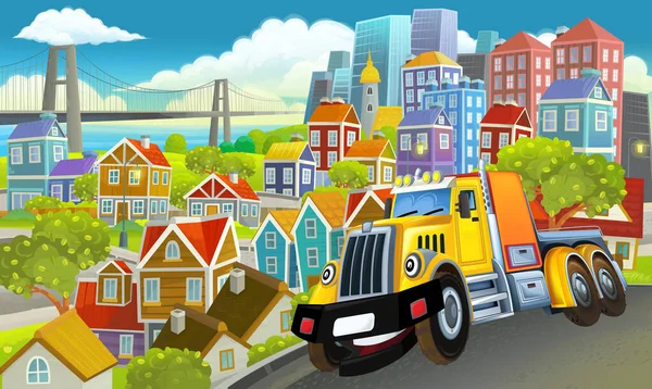 Karikatura Průmyslový Kamion Přes Město Ilustrace Pro Děti — Stock fotografie
