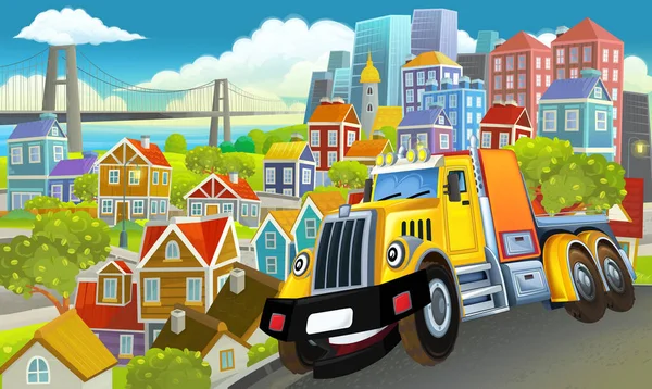 Camion Industriel Dessin Animé Travers Illustration Ville Pour Les Enfants — Photo