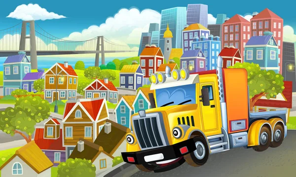 Cartoon Industriële Vrachtwagen Door Stad Illustratie Voor Kinderen — Stockfoto