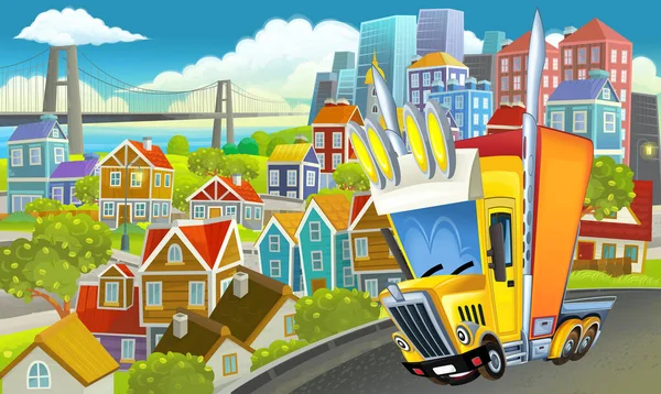 Desenho Animado Caminhão Industrial Através Ilustração Cidade Para Crianças — Fotografia de Stock