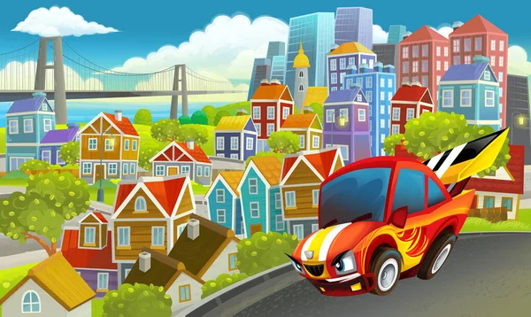 Cartoon Sportwagen Limousine Rast Durch Die Stadt Illustration Für Kinder — Stockfoto