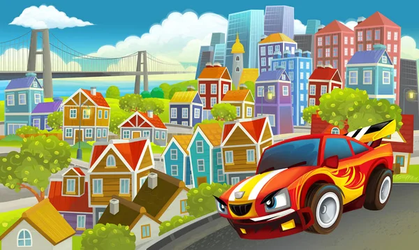 Cartoon Sport Auto Sedan Snelheid Door Stad Illustratie Voor Kinderen — Stockfoto