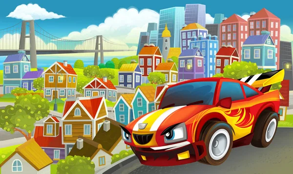 Cartoon Sports Car Sedan Speeding City Illustration Children — Stock Photo, Image