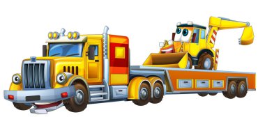 Çizgi film sahnesinde çocuklar için izole edilmiş diğer arabalarla dolu çekici kamyon kullanılıyor.