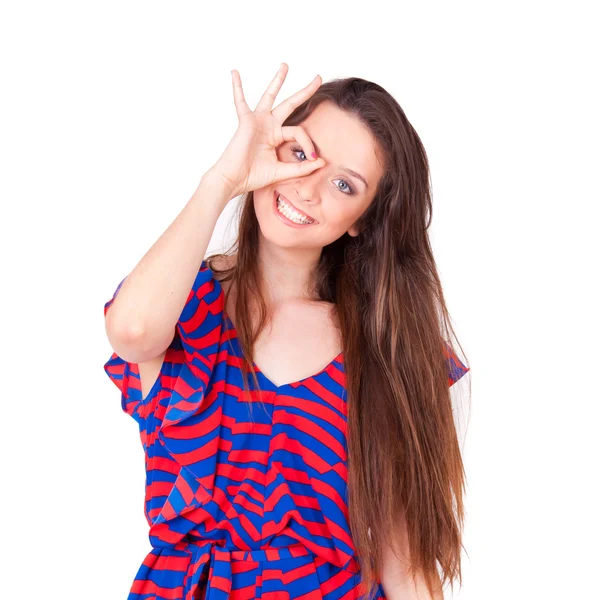 Young beautiful women happy making hole gestures on face — Stock Photo, Image