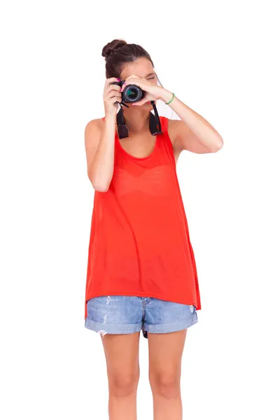 Mladá žena photograper — Stock fotografie
