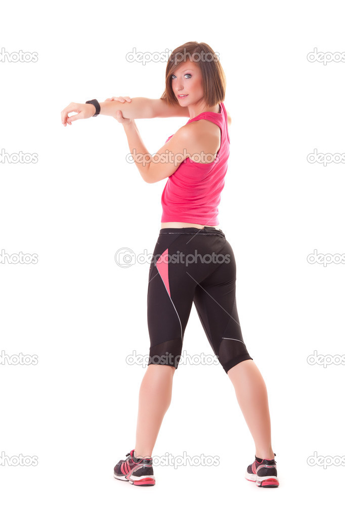 young beautiful sport woman standing making elongation isolated