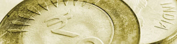 Dwie Indyjskie Monety Rupii Monety Znakiem Zbliżenie Waluty Krajowej Olive — Zdjęcie stockowe
