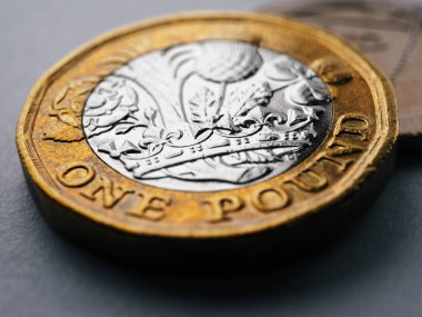 İngiliz parası karanlık bir yüzeyde yatıyor. 1 sterlin sterlin. Yakın çekim. Taca odaklan. İngiltere 'de ekonomi ve bankacılık. Makro