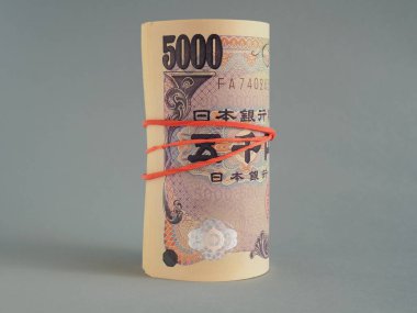 Yakın planda 5,000 yenlik Japon banknotları var. Koyu gri arka plan. Banknotlar paketlenmiş ve elastik bir bantla bağlanmış. Depozito ya da kredi. Makro
