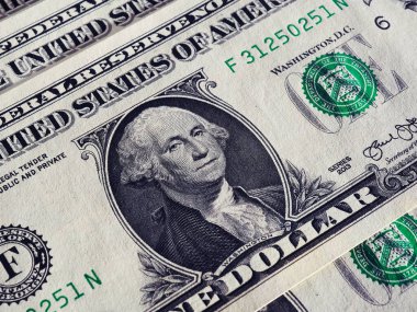 Amerikan parası yakın plan. Kağıt kaplamalı 1 Amerikan doları banknot. Amerika 'nın ekonomisi ve işi. Federal rezerv notu. Makro