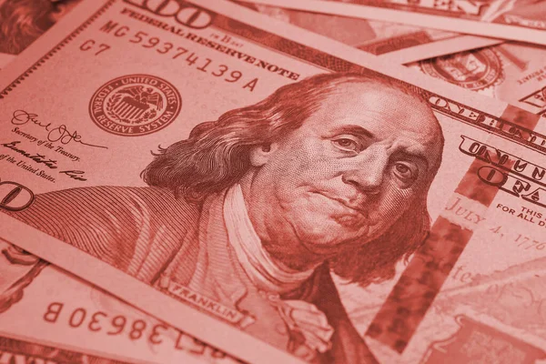 American Paper Money 100 Bill Focus Eyes Benjamin Franklin Banknotes — стоковое фото