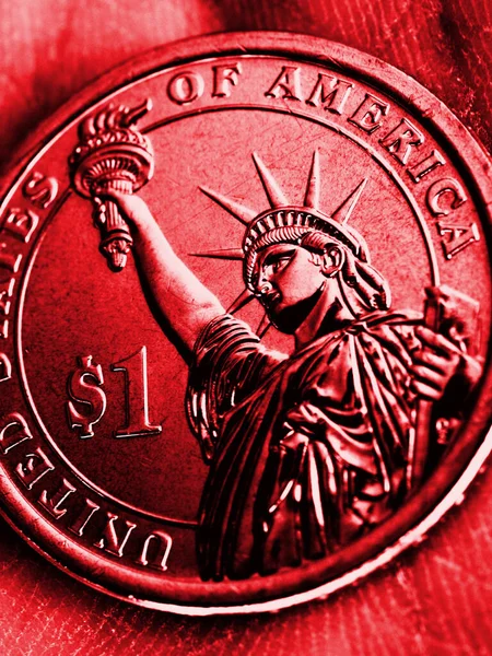 American Coin Lies Palm Dollar Close Red Vertical Tinted Illustration — Stockfoto