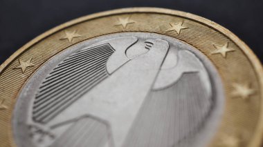 Almanya 'da çıkarılan 1 avroluk madeni para. Federal Kartal 'ın başına odaklan. Ekonomik arkaplan ya da fon. Avrupa Birliği parası. Avro bölgesi ekonomi haberleri. Makro
