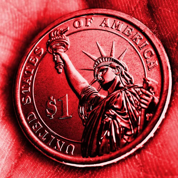 American Coin Lies Palm Dollar Close Red Square Tinted Illustration — Stockfoto