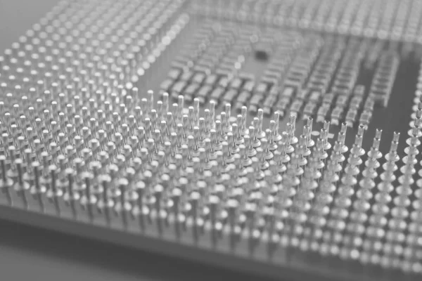 コンピュータプロセッサのクローズアップ 薄い灰色の着色された背景または背景 情報技術の壁紙 Pcマイクロプロセッサの接点と半導体のパターン マクロ — ストック写真