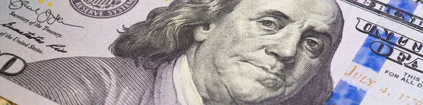 American Paper Money 100 Bill Focus Eyes Benjamin Franklin Banknotes — Stock Photo, Image