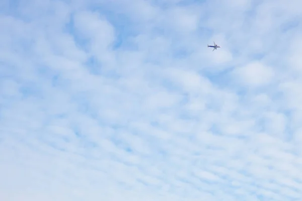 Passenger Airplane Flying Far Away Blue Sky White Clouds Aircraft — Stock Photo, Image