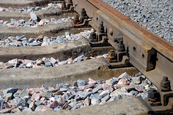 Close up a rail and railway cross ties — Stock Photo, Image