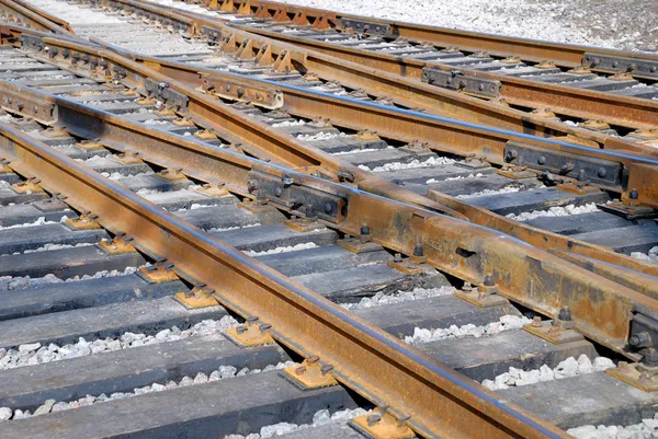 Close up a rail and railway cross ties — Stock Photo, Image